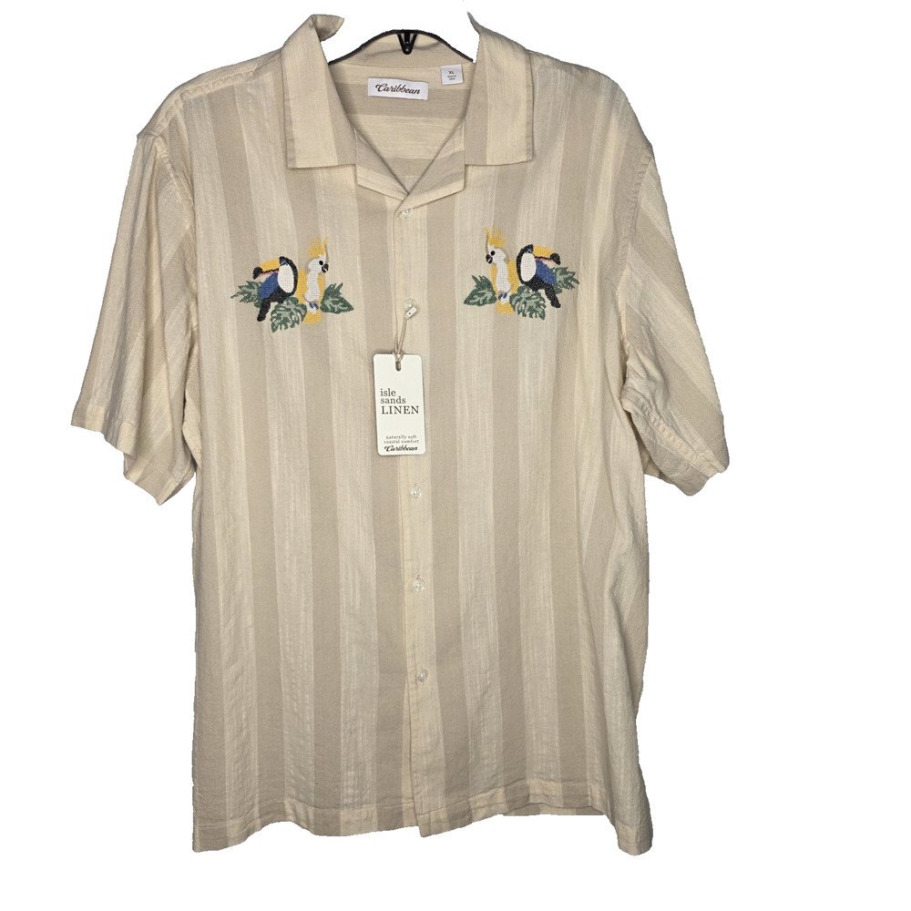 Caribbean Isle Sands Mens XL Linen Tropical Bird Shirt Cream Beach Eclectic Camp